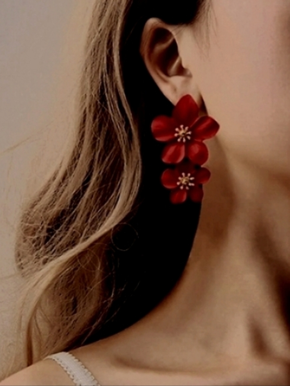 Big Dark Red Double Flower Statement Earrings 3D Hibiscus Boho Flowers Bohemian